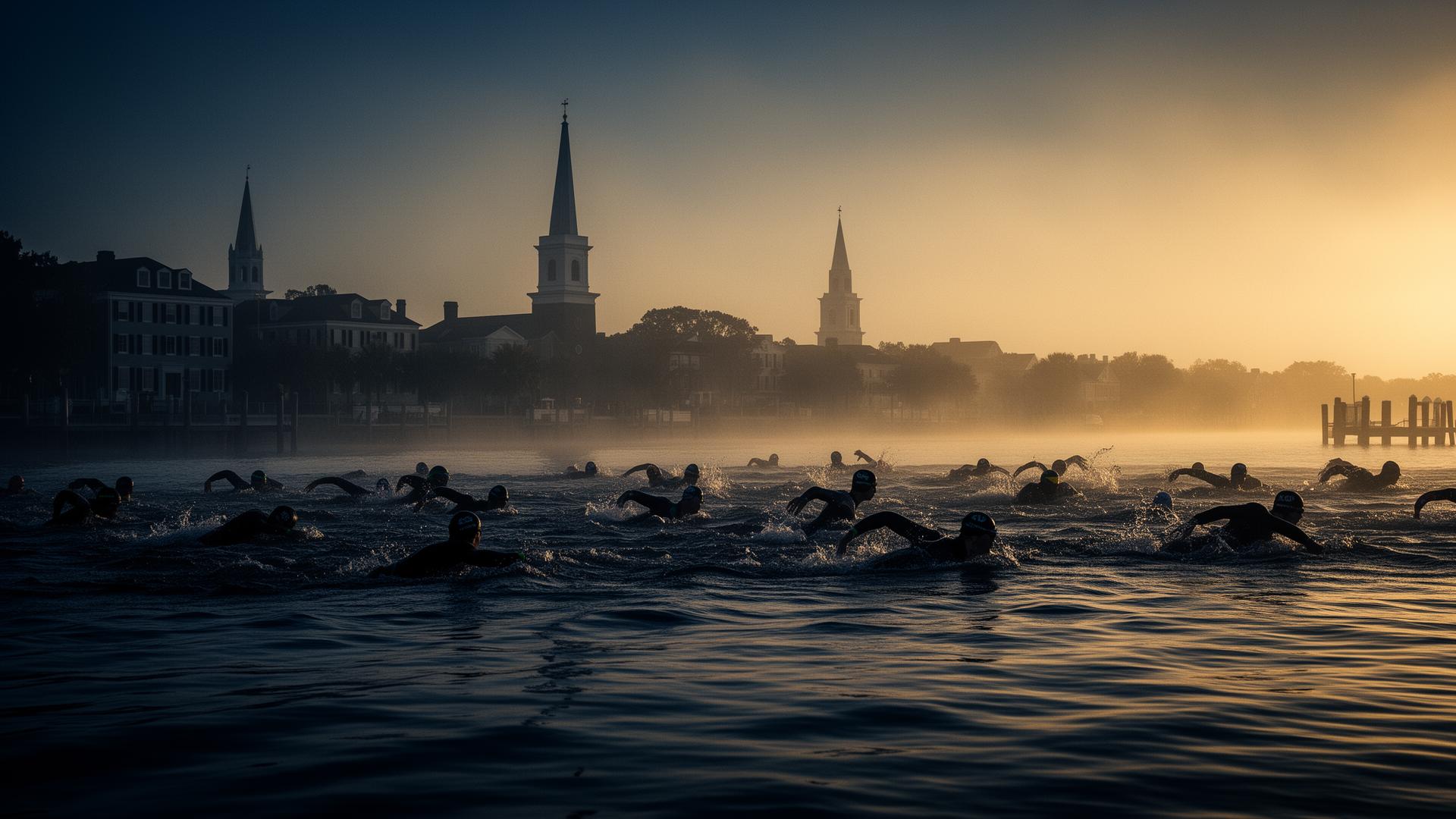 Open-water swimmers at sunrise in Charleston Harbor with church steeples in the distance